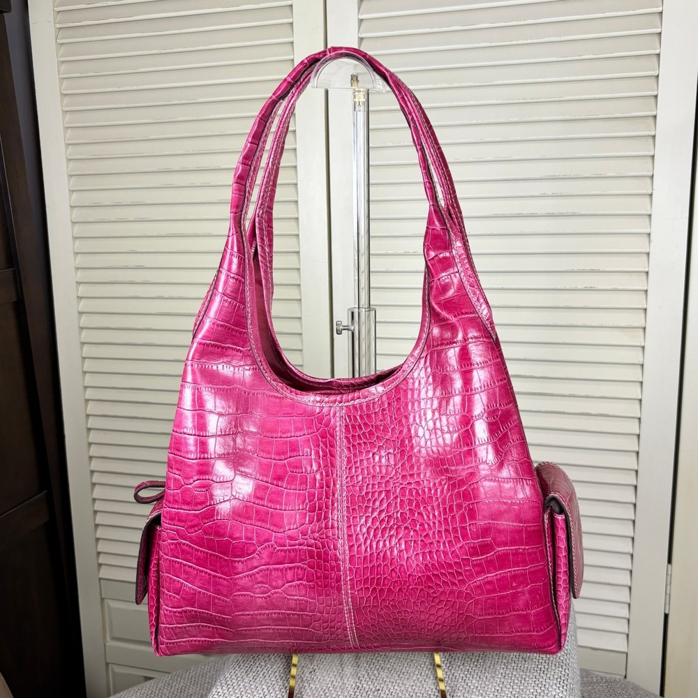 Villager by Liz Claiborne Y2K Magenta Croc Embossed Hobo Bag Cargo Pocket Purse